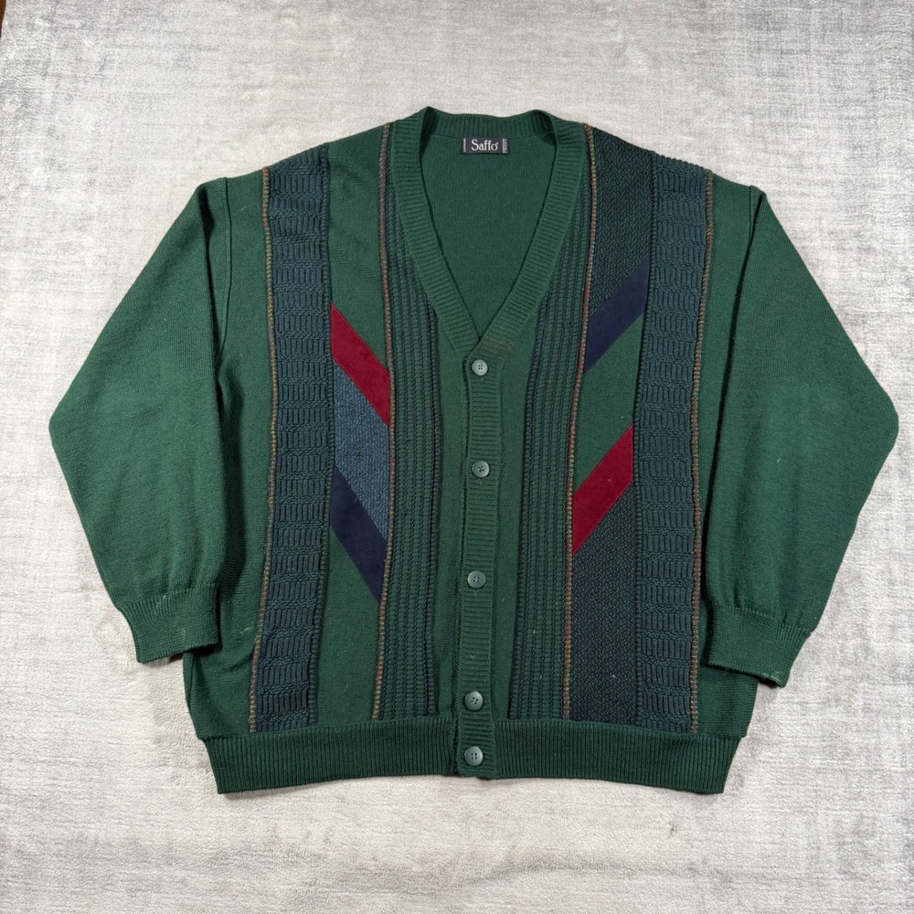 VTG Saffo Sweater Men XL Green Geometric Textured Knit Made in Italy Cardigan